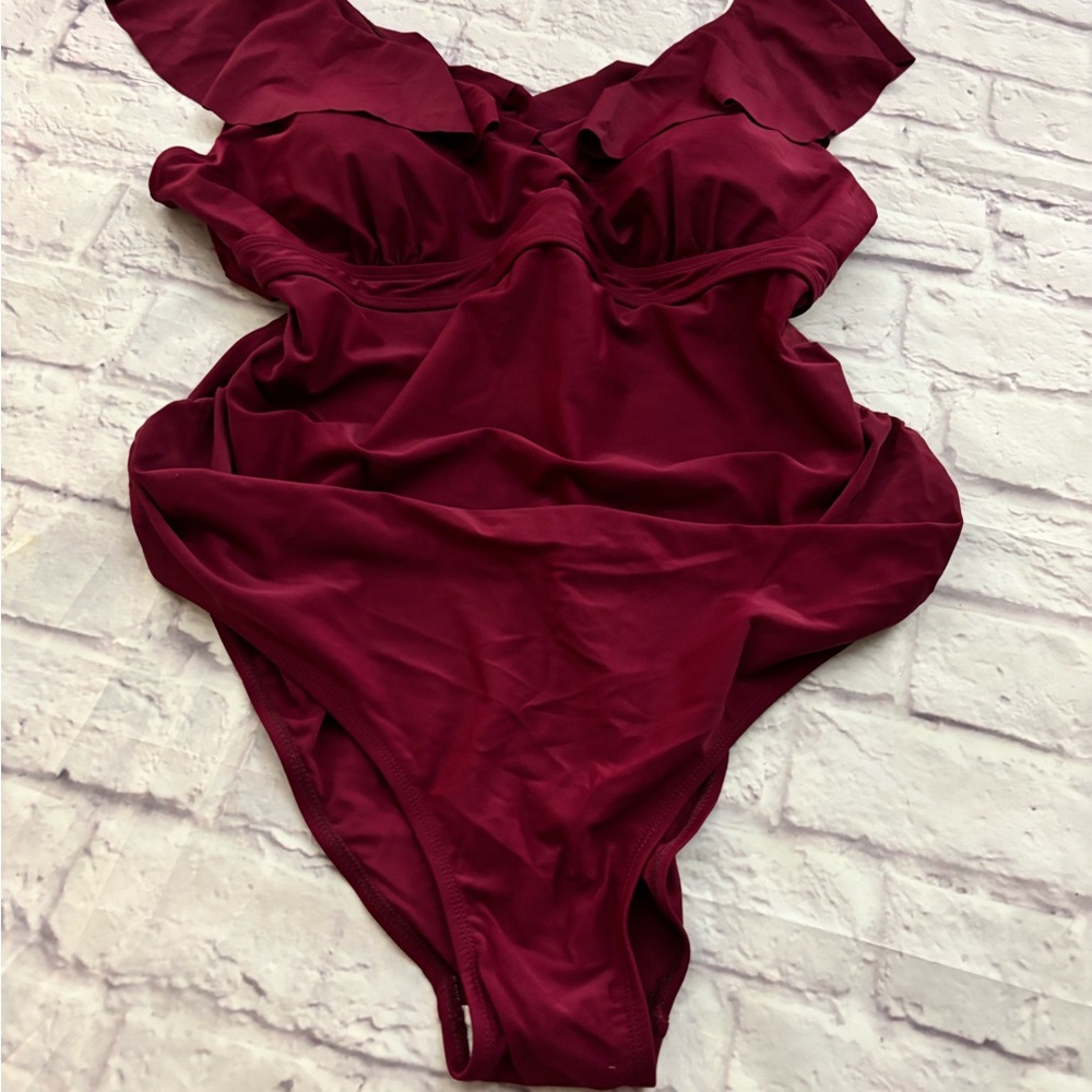 🔵”NWT” Elegant MAROON Ruffle One-Piece Swimsuit - Picture 3 of 13